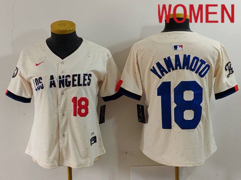 Women Los Angeles Dodgers #18 Yamamoto Cream Fashion Nike Game MLB Jersey style 7012